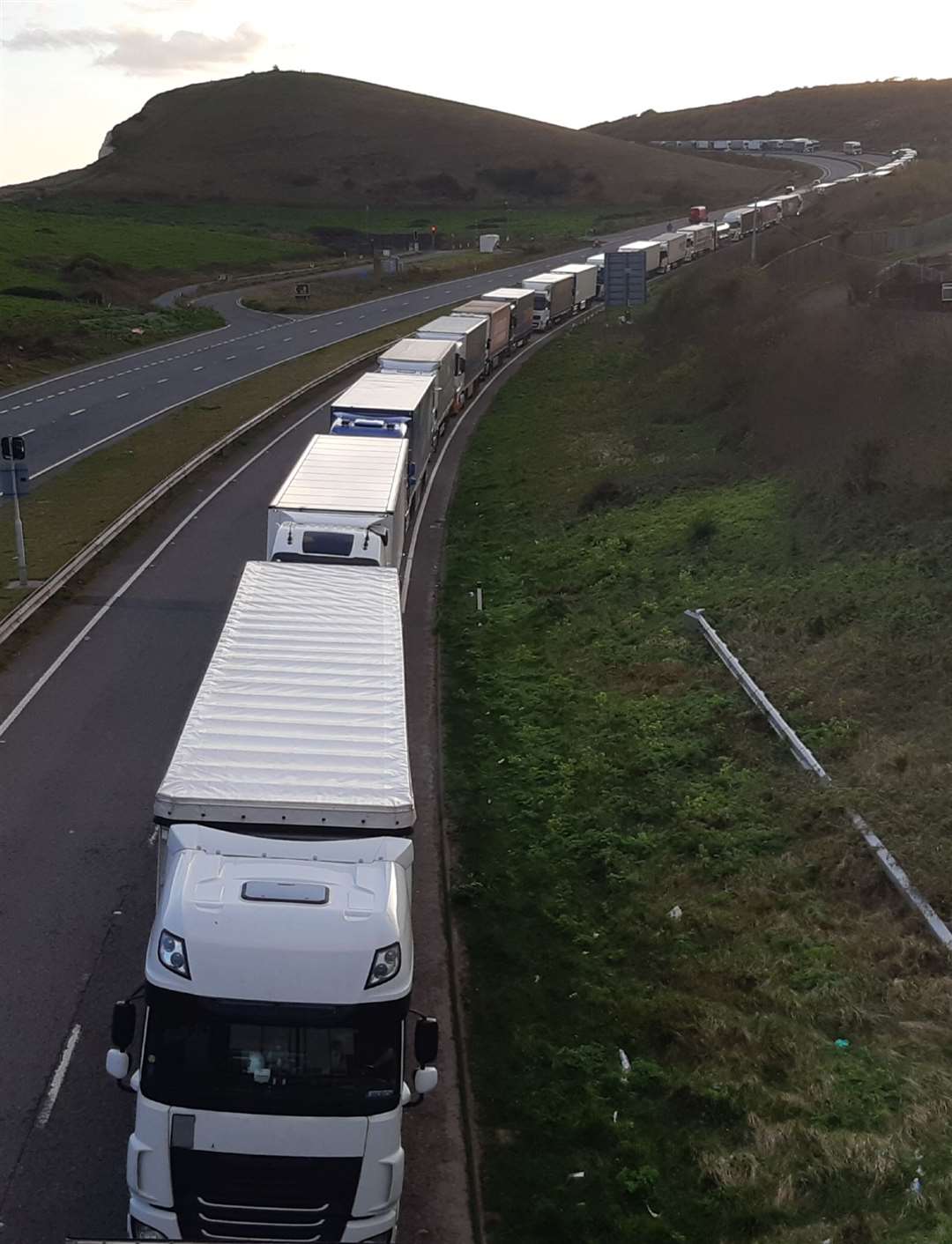 The Dover TAP queue snakes along the A20 at Dover, pho0tgraphed from Aycliffe towards, Capel-le-Ferne. Picture: Sam Lennon KMG