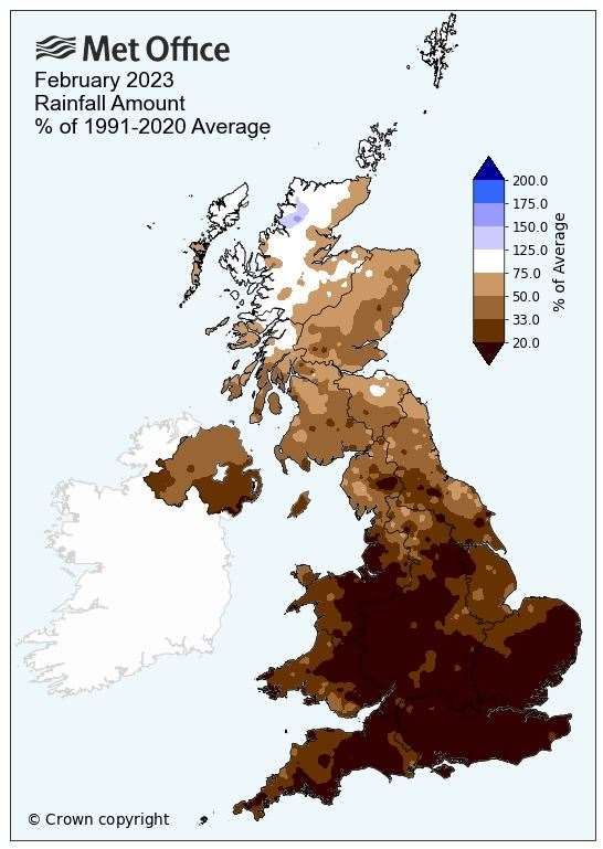 Rainfall for February was significantly below what is normal for the time of year. Image: Met Office.