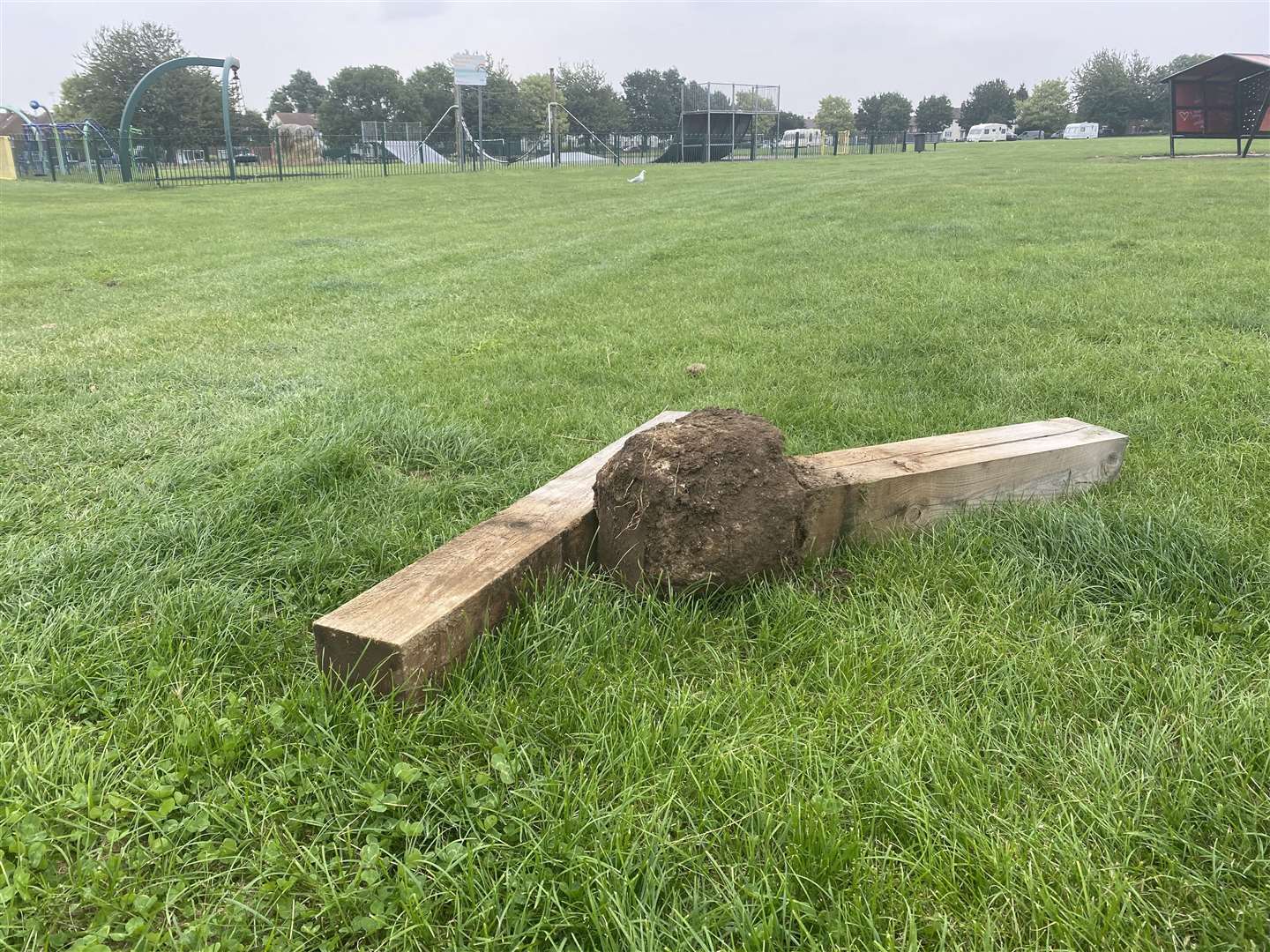 Damaged posts at Beechings playing fields where travellers arrived on Sunday night