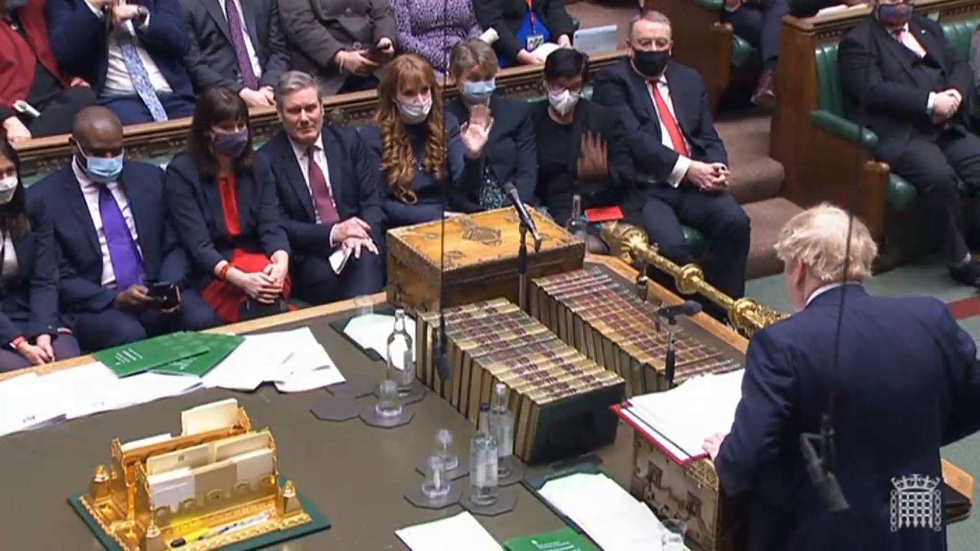 Deputy Labour Leader Angela Rayner waves at Prime Minister Boris Johnson (House of Commons/PA)
