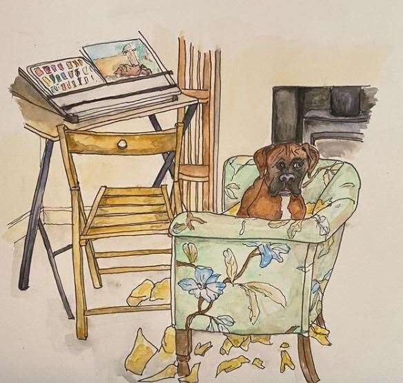 Rexie is curious about what his owner does with paints, brushes and paper. Pictures Eve Oatridge