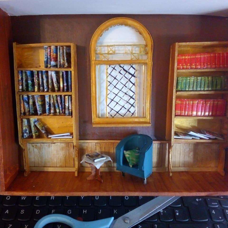 The reading room with Terry Pratchett books created by Sheppey artist Richard Jeferies for his 24-room front window Advent calendar