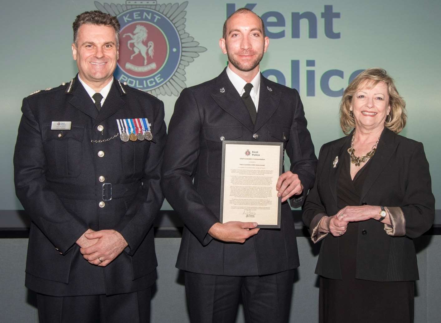 Chief Constable Alan Pughsley, PC James Arnold and police and crime commissioner Ann Barnes