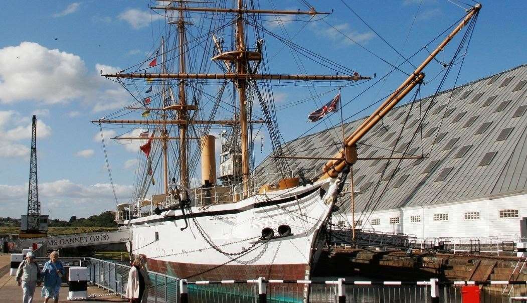 Victorian sloop HMS Gannet built for the Royal Navy in Sheerness in 1878 and now on show at Chatham Historic Dockyard