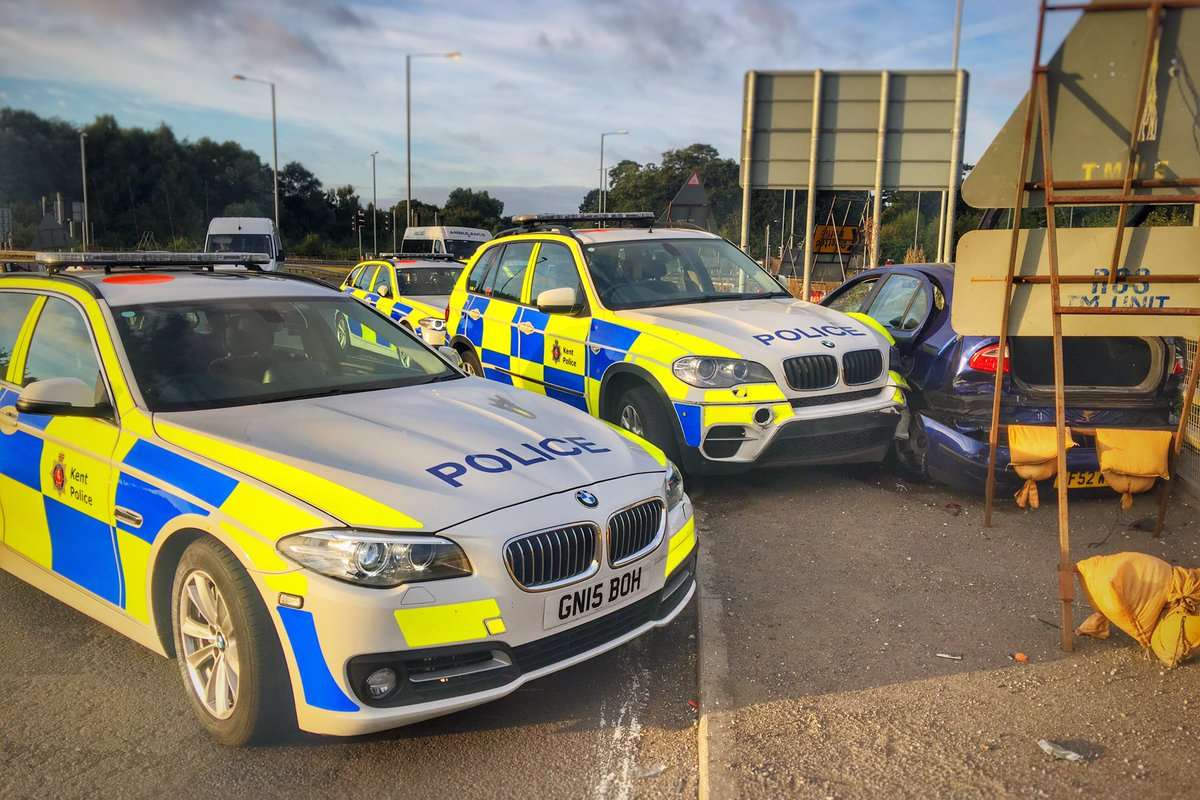 Two people are in custody after police carried out a tactical stop on a vehicle which reportedly tried to run an officer over. Picture: @kentpoliceroads