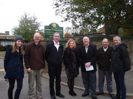 aption: Keith Taylor MEP with Cllr Tom Sams, Janetta Sams, Nigel Godfrey - chairman of Lenham Parish Council and Stuart Jeffery - Maidstone Green Party, outside Lenham Primary School.