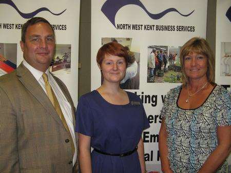 From left, Council leader John Burden, Bluewater apprentice Fiona Graves, and Jacquie McDonnell, of North West College