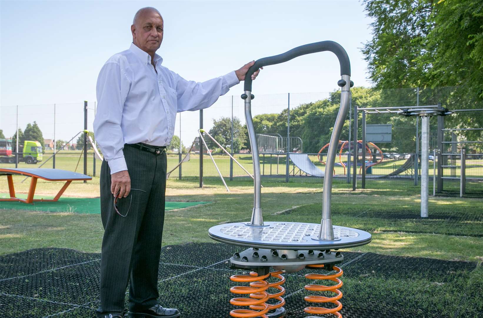 Cllr Roger Clark with the new equipment at Milton Rec before it was damaged