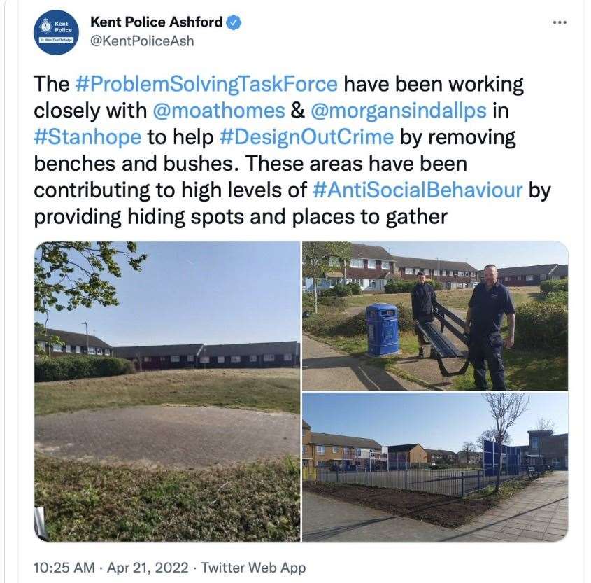 Kent Police Ashford's tweet about the move – it was quickly deleted.