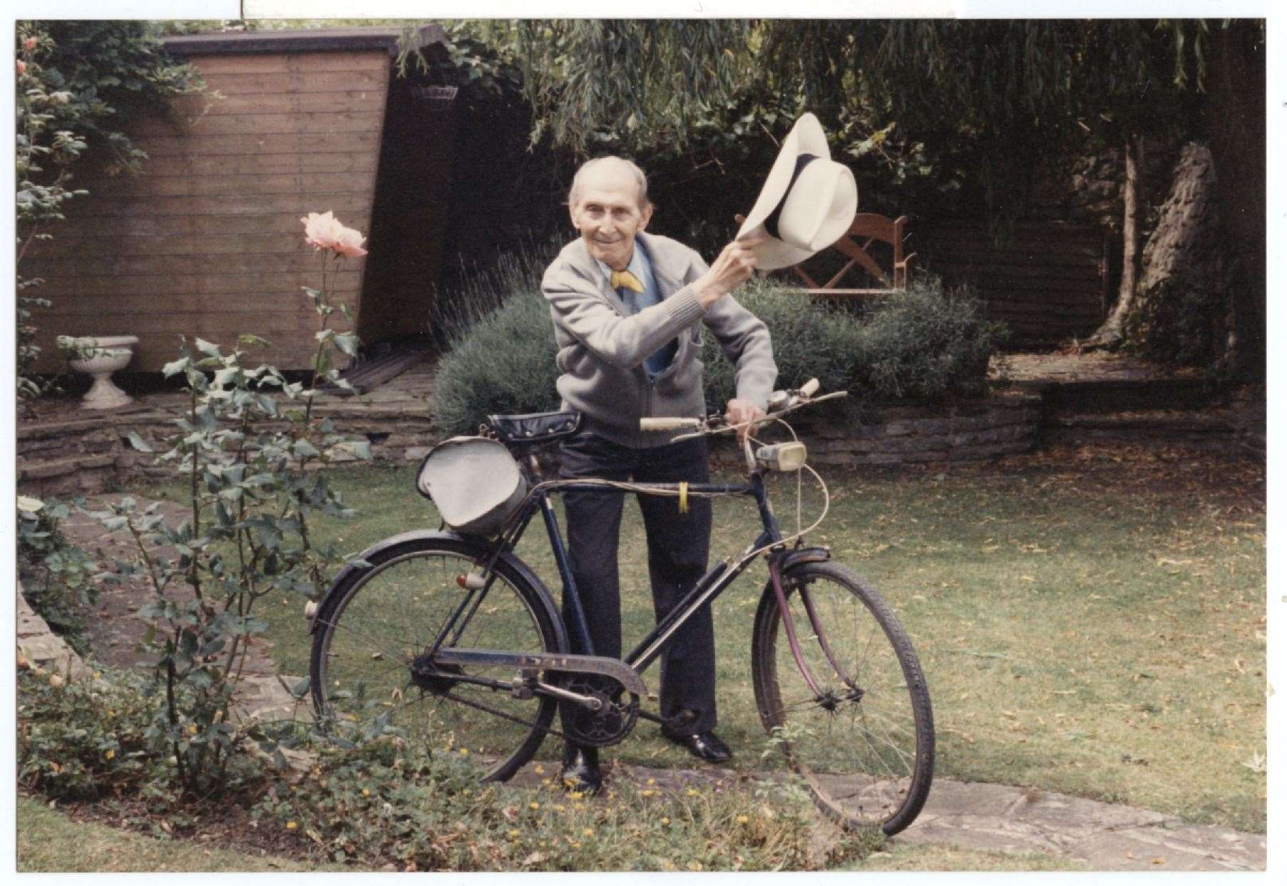 Star Wars actor Peter Cushing in his garden with his bike. Picture: Whitstable Museum