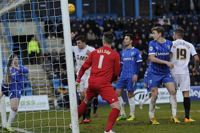 Joe Pigott clears from behind the line and Port Vale are awarded their first goal at Priestfield. Picture: Barry Goodwin