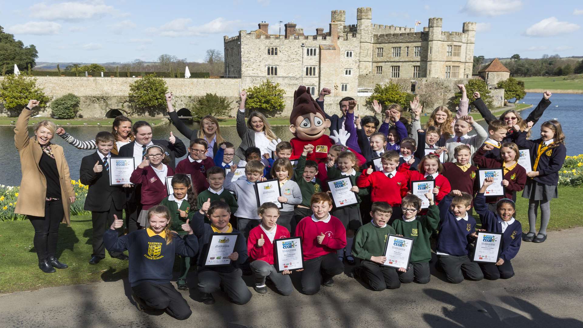 Walk to school and literacy champs joined by WOWser and supporters from KCC, Medway Council, Swale Council, Volker Highways, Countrystyle Recycling, Kent Libraries, Kent Reliance to celebrate at Leeds Castle.