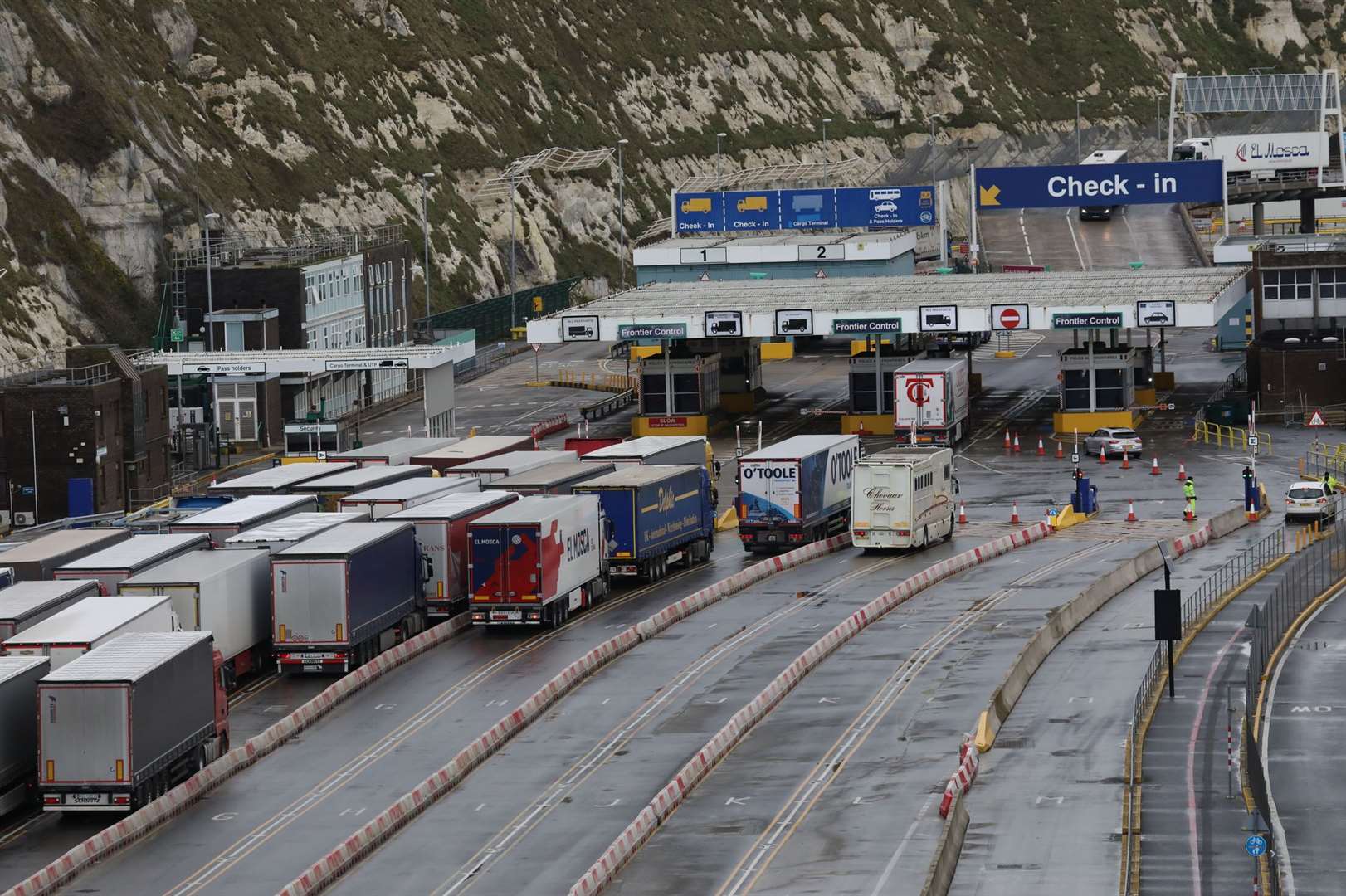 Lorries queue up to leave the Port of Dover today. Photo: UKNIP