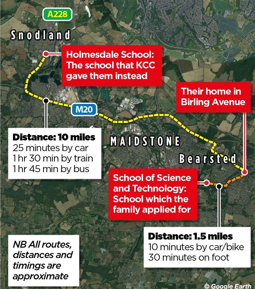 A map showing the distance between the family's home in Birling Avenue and the school in Snodland they were allocated instead of their first choice.