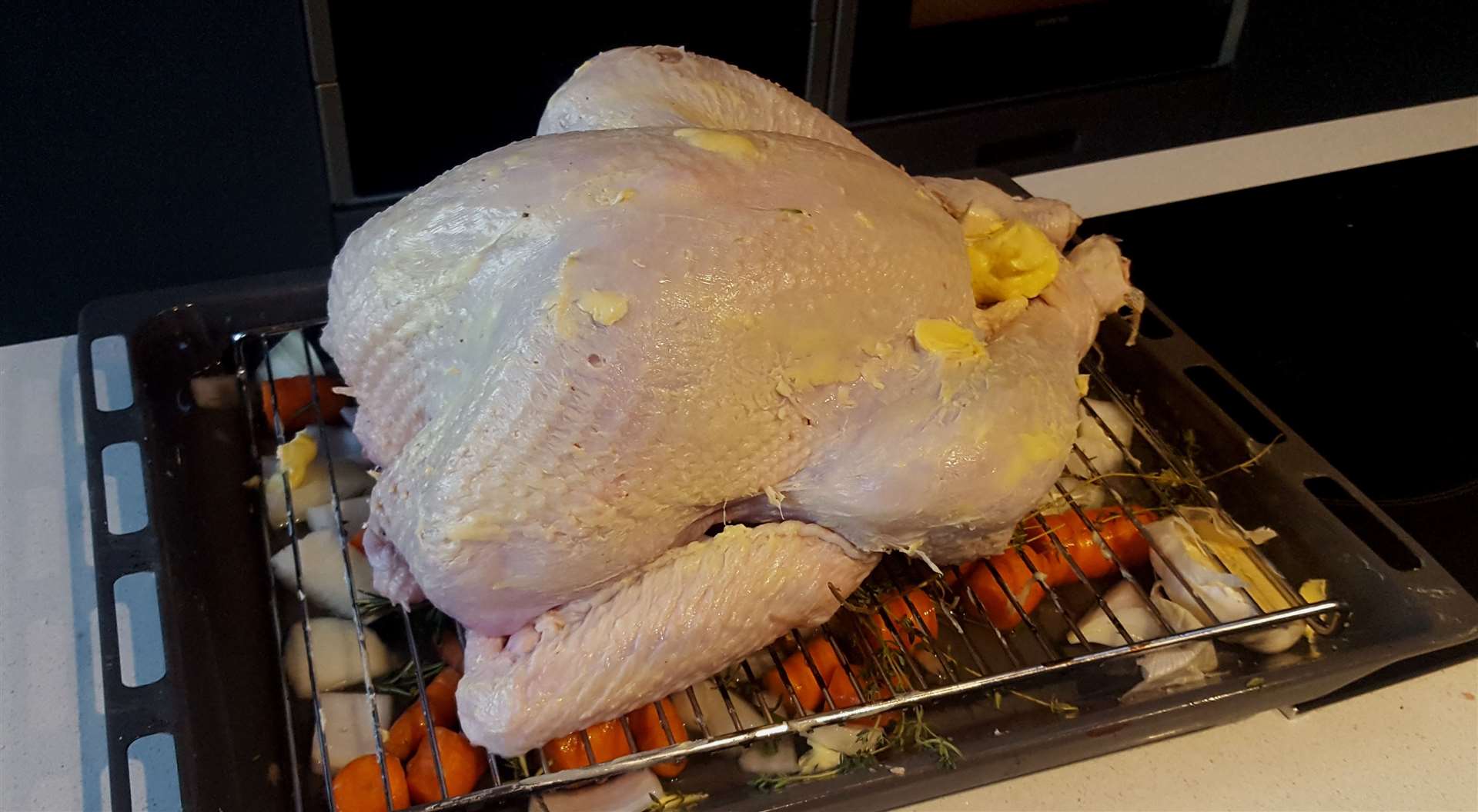 The prepped turkey ready to roast