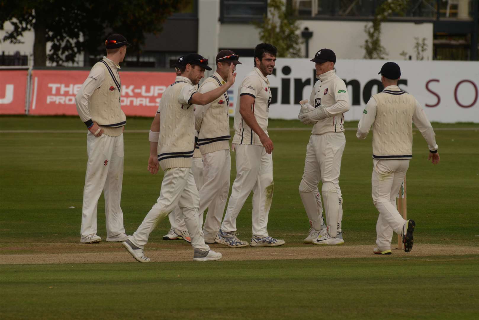 Kent players celebrate after Grant Stewart takes a wicket. Picture: Chris Davey