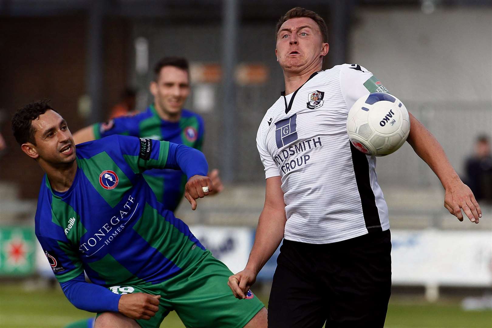 Dartford's Alex Flisher tries to bring the ball under control against Dorking on Saturday. Picture: Sean Aidan
