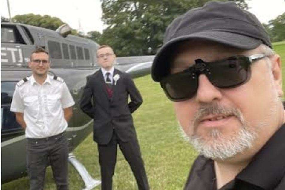 Teenager Matthew, pictured with dad Paul and helicopter pilot Nathan, had his prom at Quex Park in Birchington Picture: Alan Green/Paul and Sally Holton