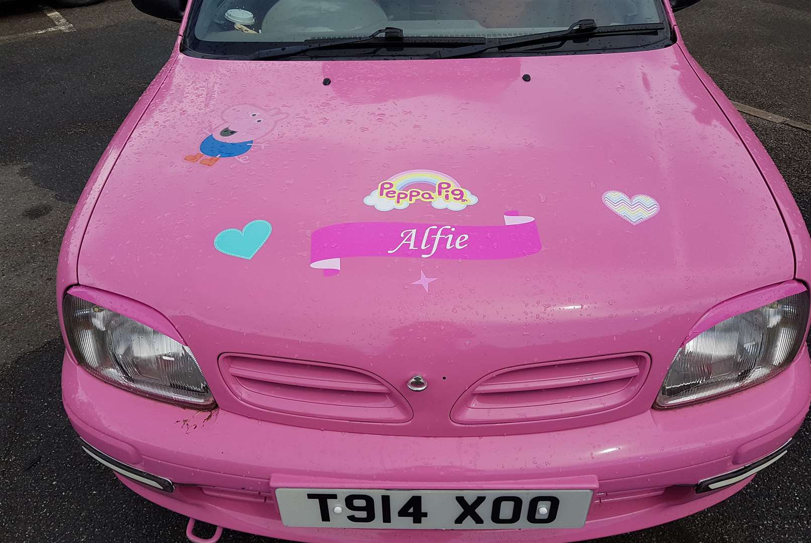 The car has been transformed pink inspired by Peppa Pig