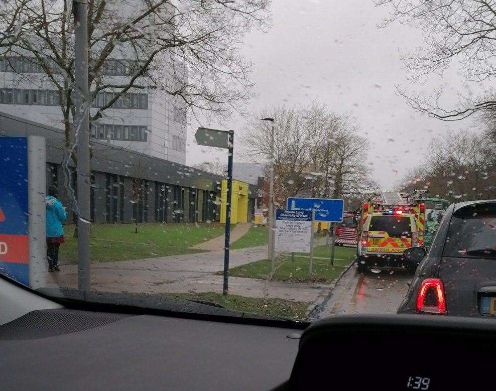 A number of emergency vehicles are at the University of Kent's Canterbury campus