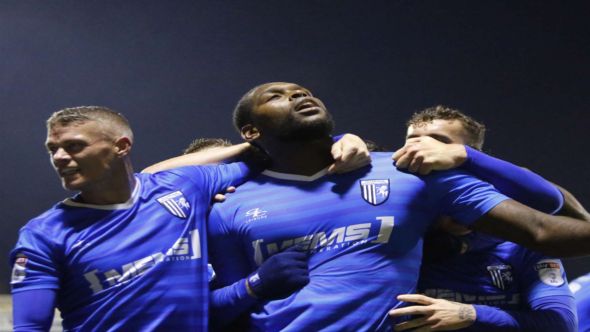 Gillingham celebrate a late winner during the last meeting at Priestfield Picture: Andy Jones