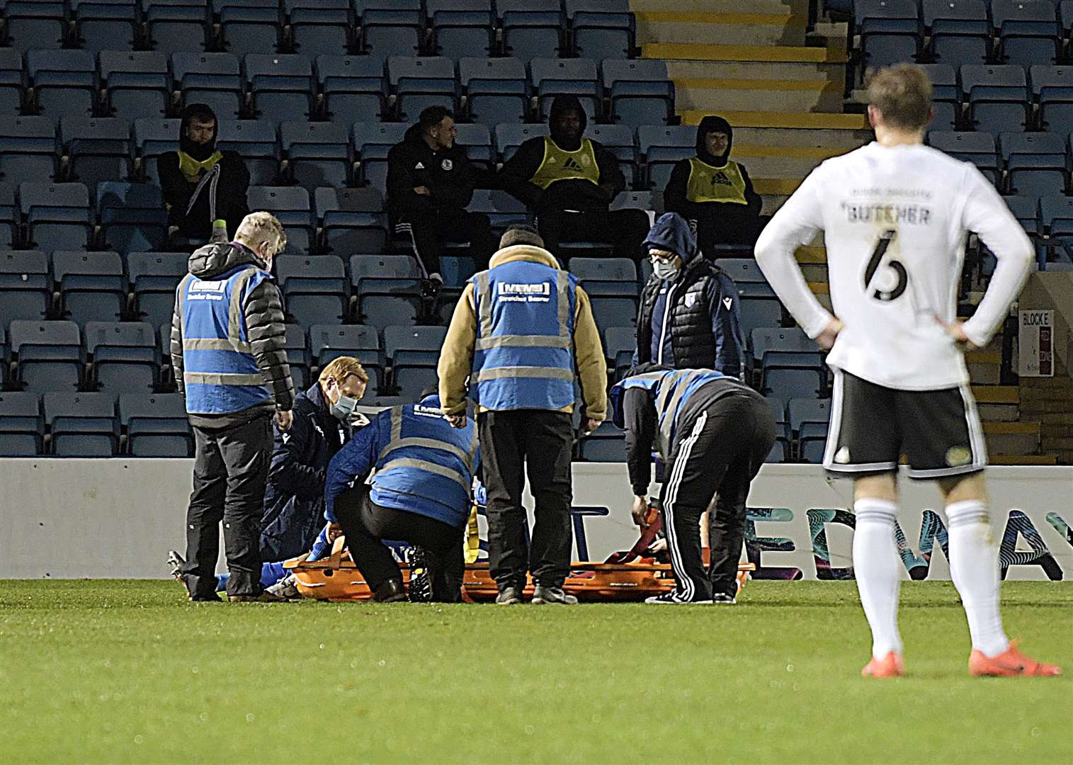 Striker Dominic Samuel needs a stretcher on Tuesday night Picture: Barry Goodwin