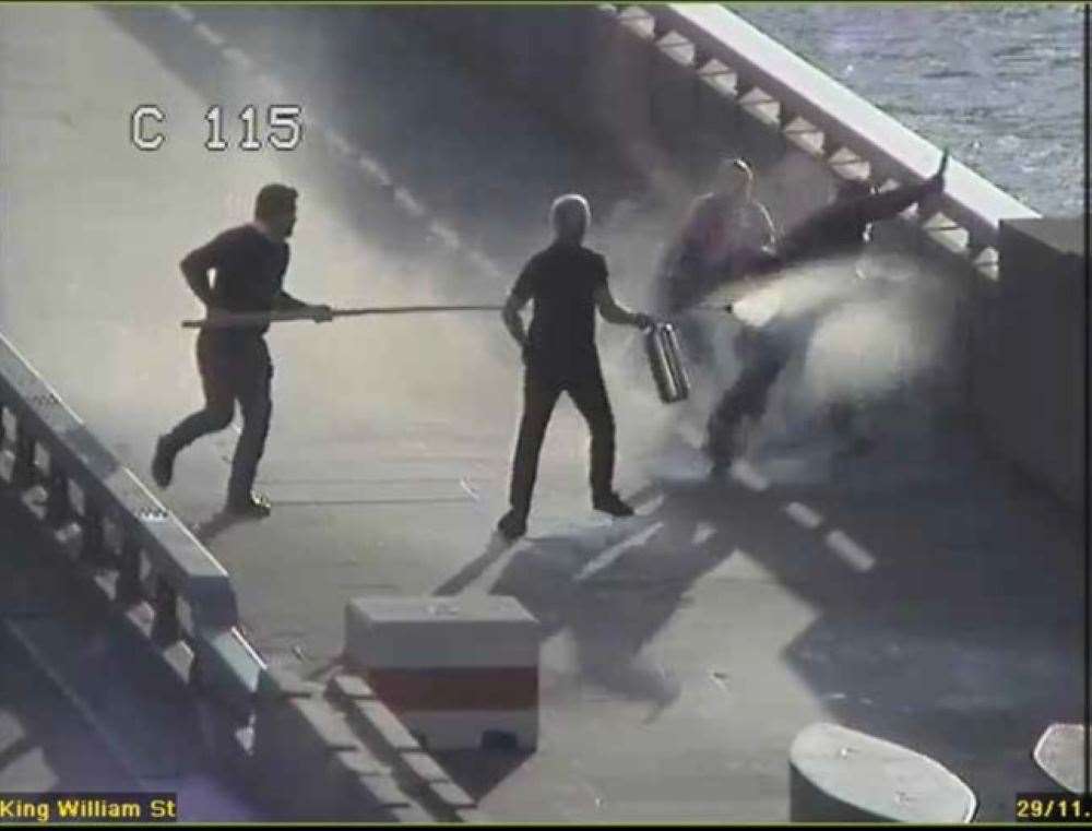 Members of the public attack Khan with a fire extinguisher and a Narwhal tusk (Metropolitan Police/PA)