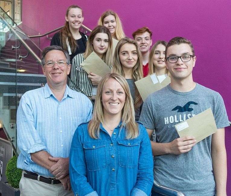 (From top left to right), Rebecca Forster, Zoe Wallis, Emily Cale, Rian Legett, Lauren Damiral, Beth Mayhew, head teacher Alan Brookes, Gemma Davies, head of sixth form, and Nathan Ottaway at Fulston Manor