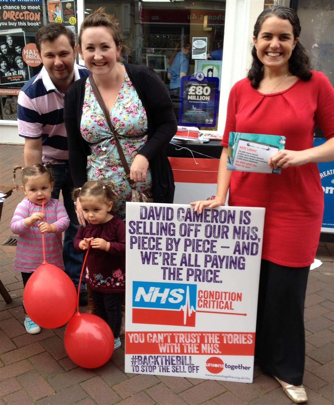 Clair Hawkins, Labour's parliamentary candidate for Deal and Dover collecting signatures to stop privatisation of the NHS with Tony Goodwin and Stacey Blair and twins Catie and Layla