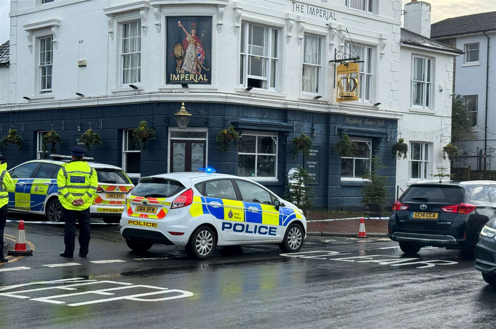 Police outside the Imperial Pub in Southborough after a man was stabbed. Picture: UKNIP