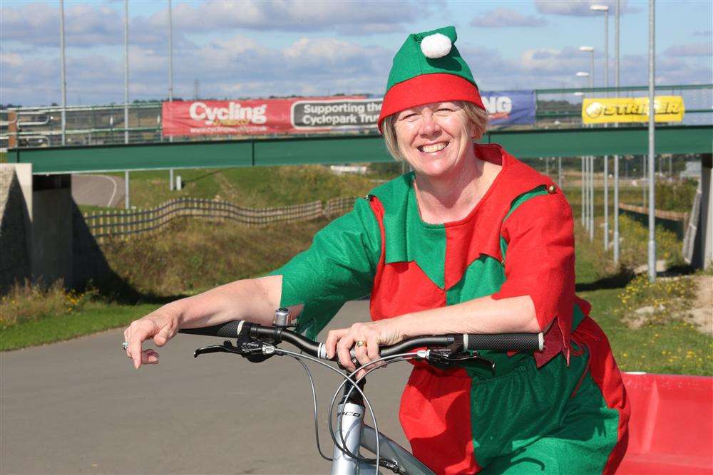 Sue Gofton, dressed as an elf at the Cyclopark, Gravesend