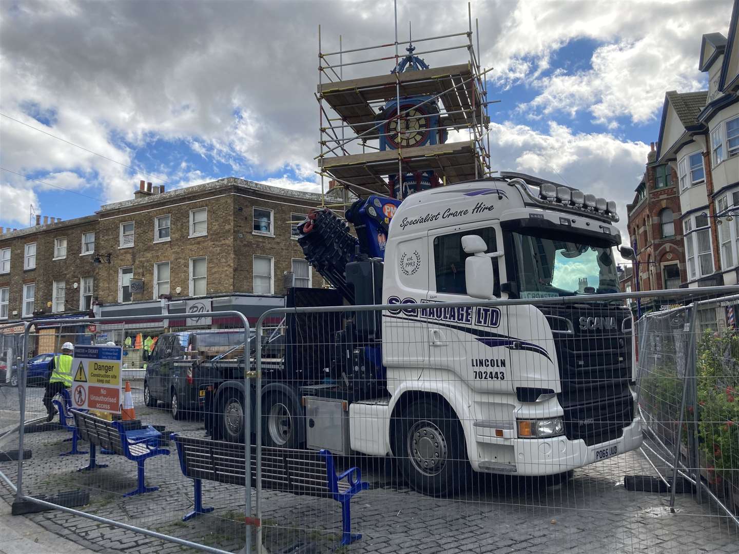 Scaffolding surrounds Sheerness clock tower as engineers prepare to dismantle it so it can be fully restored by Smith of Derby. It won't be back until the spring