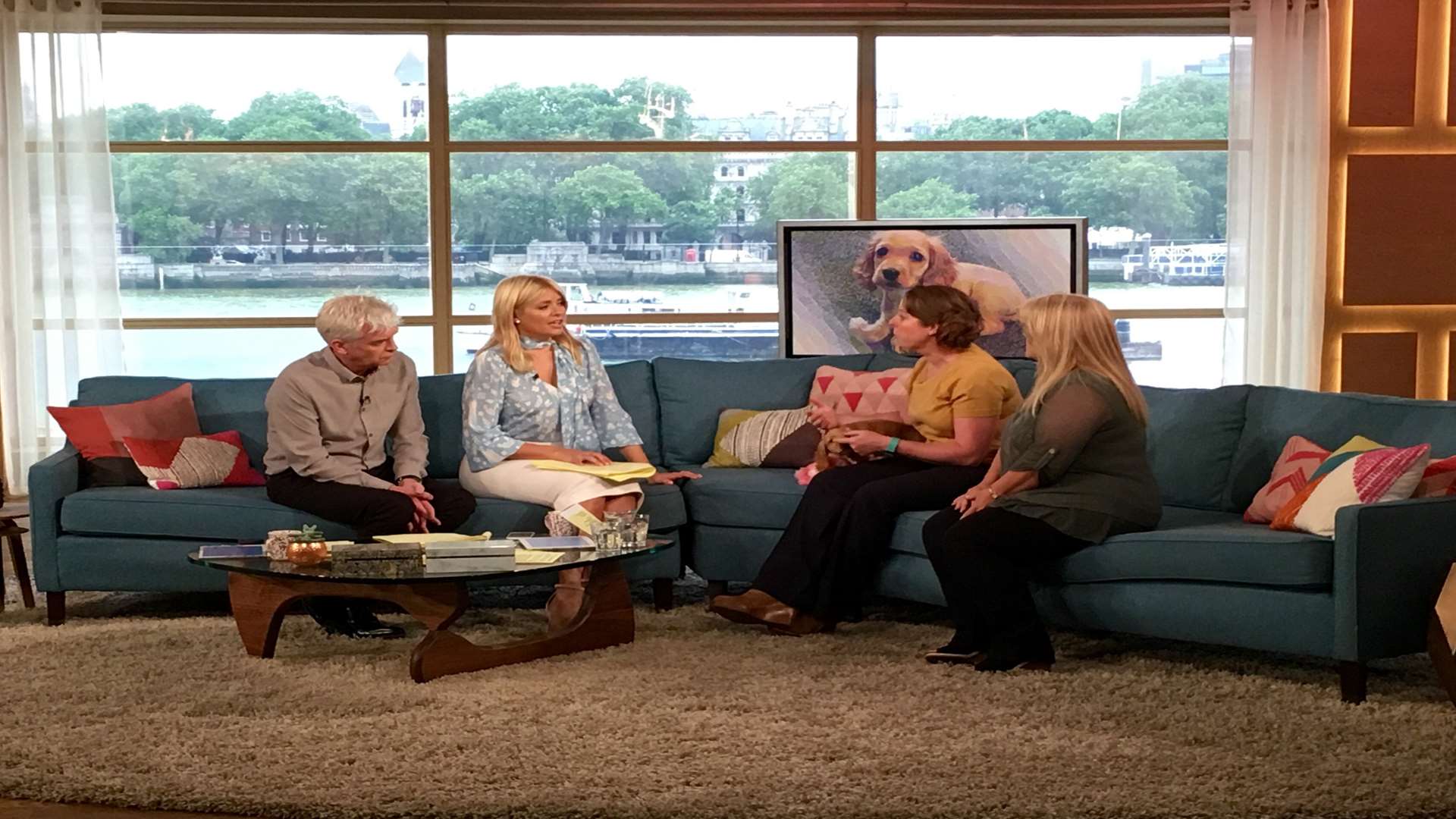 Eileen Mellis, Kerri Eilertsen and Wanda on the famous sofa with Philip Schofield and Holly Willoughby