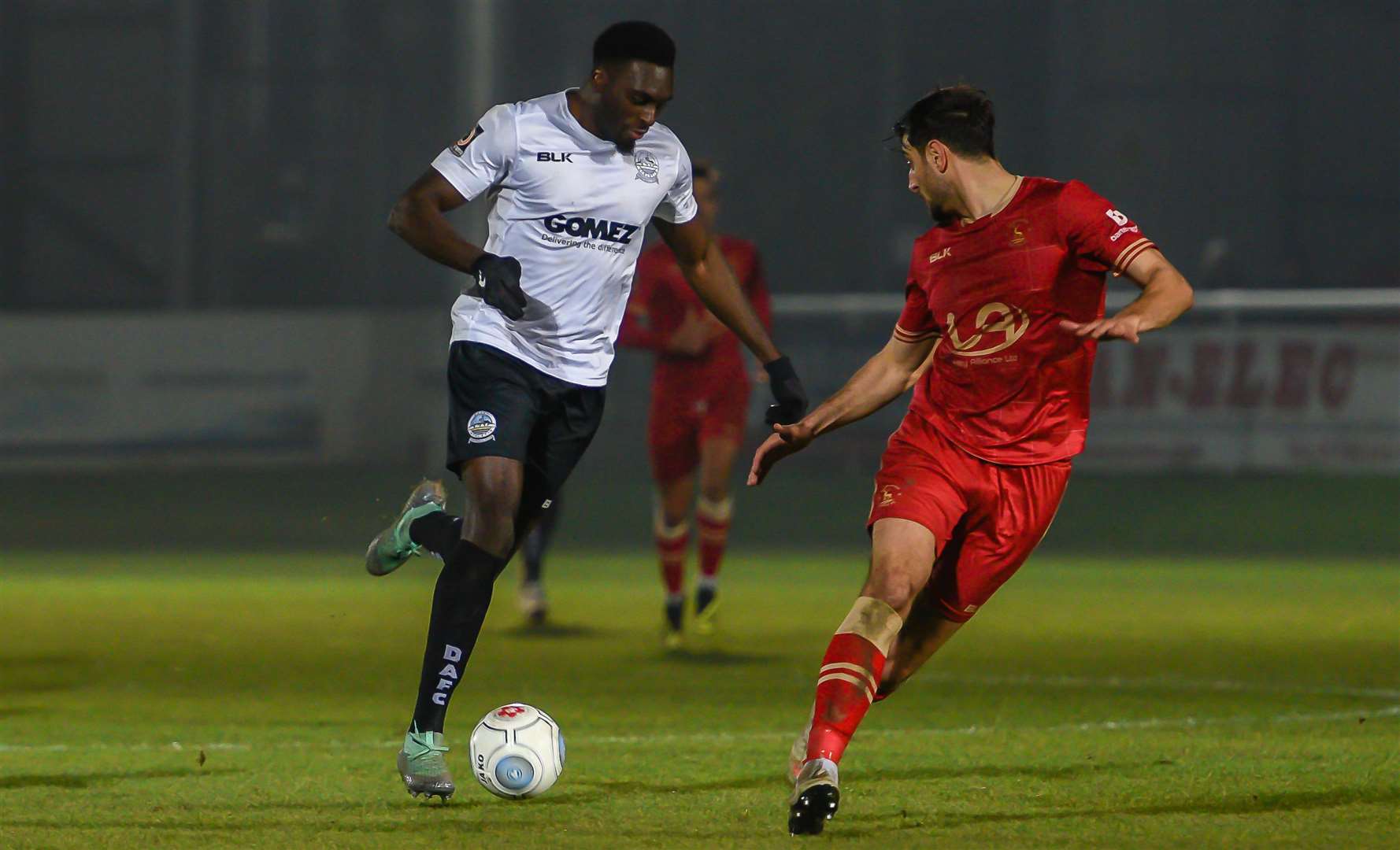 Inih Effiong on the attack for Dover against Hartlepool on Saturday. Picture: Alan Langley