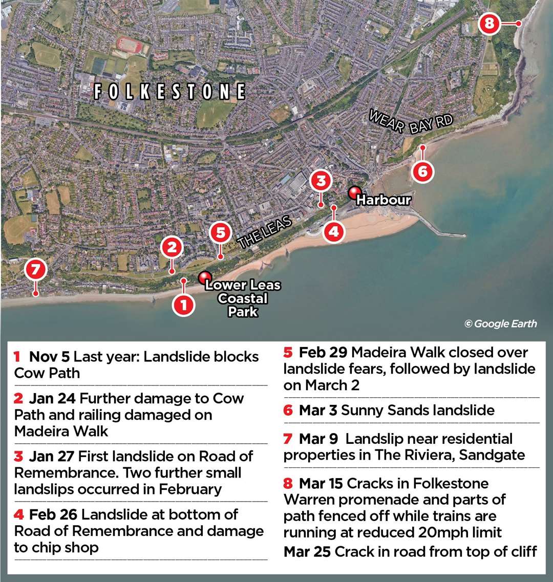 Updated version of latest landslides around Folkestone between November 5, 2023 and April 2024