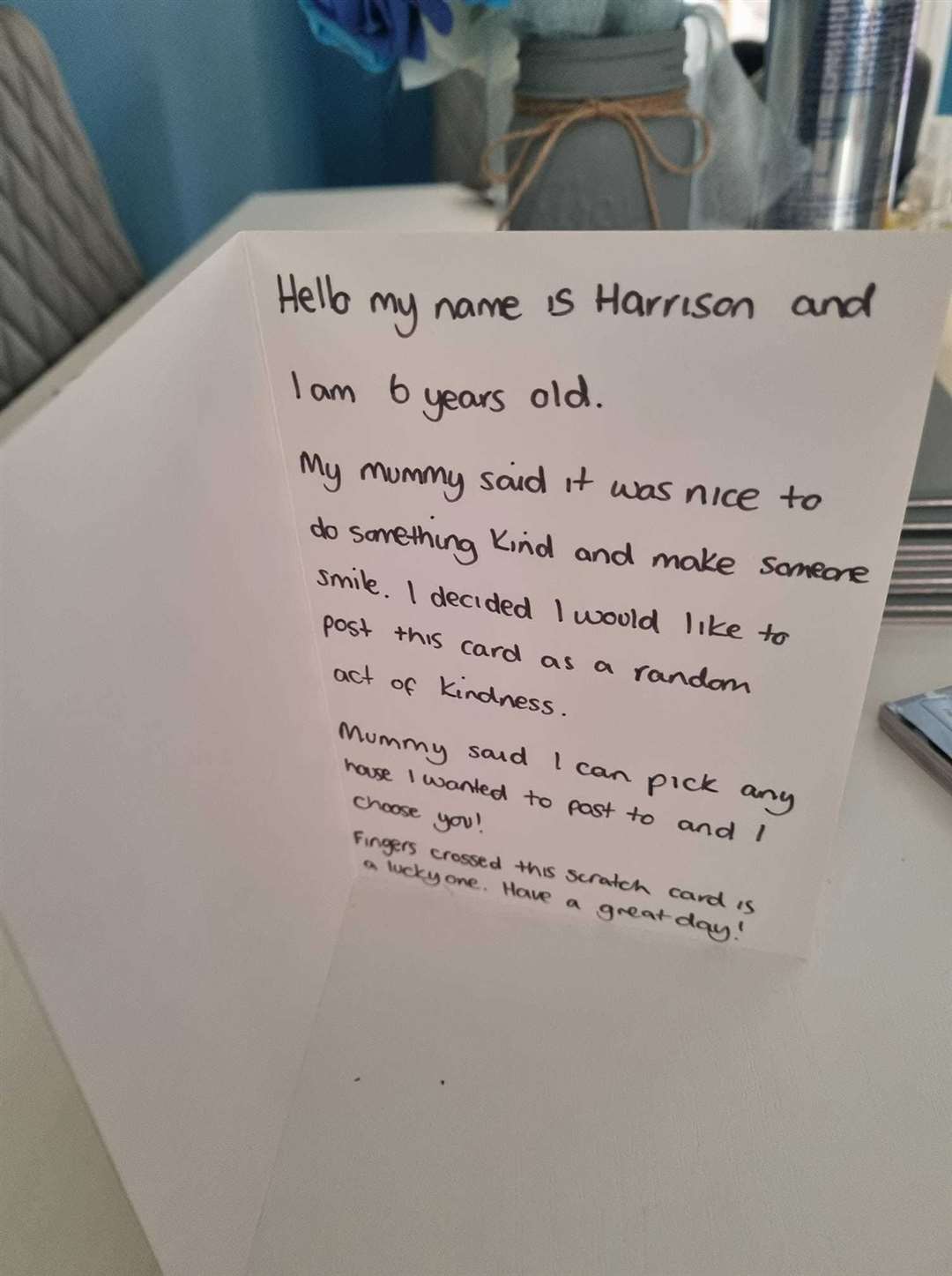 The card Daniel Ward received in Rock Road, Sittingbourne, from youngster Harrison Hughes, 6