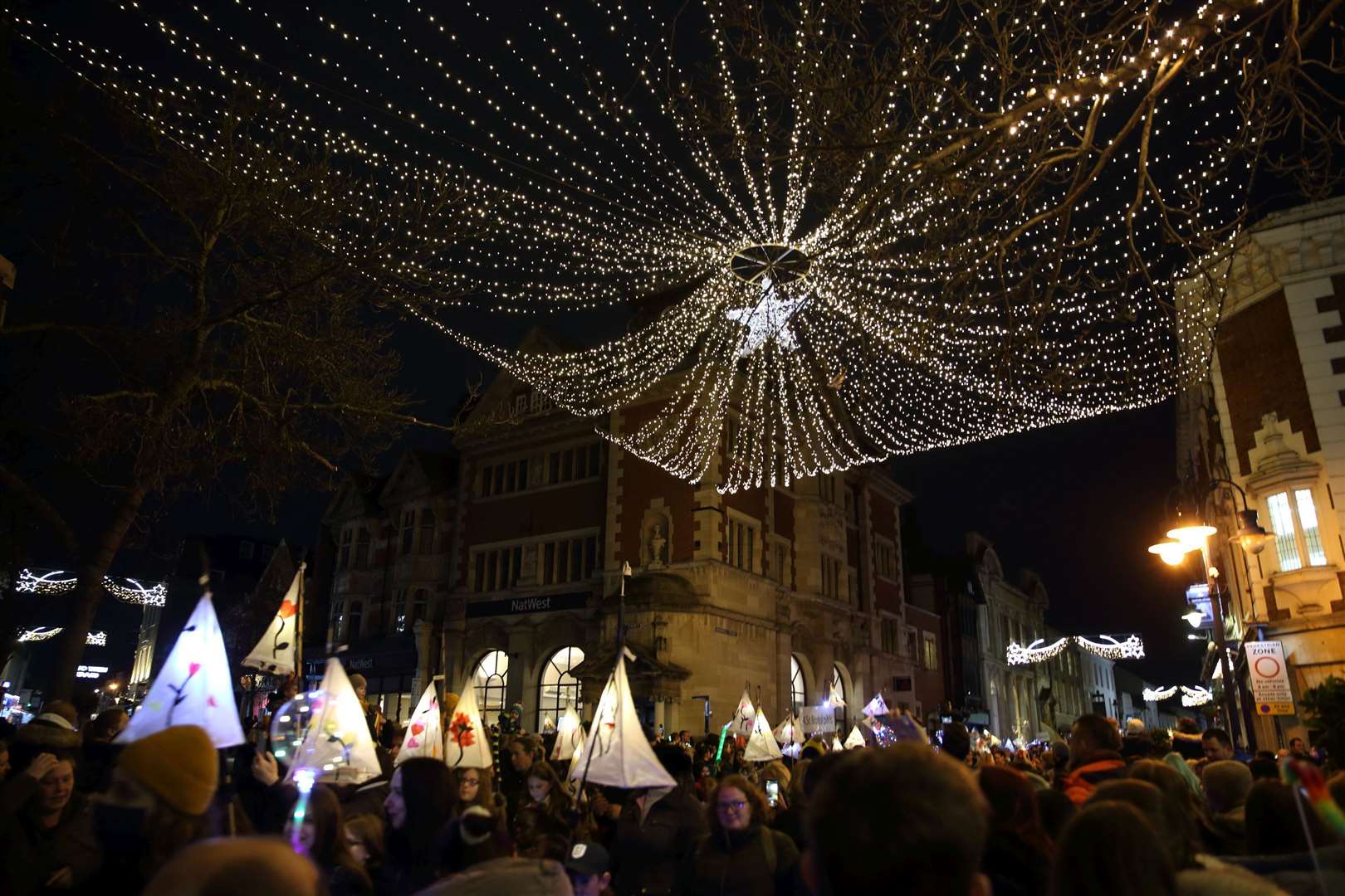 A canopy of lights fills the crossroads of New Road and High Street. Picture: Cohesion Plus