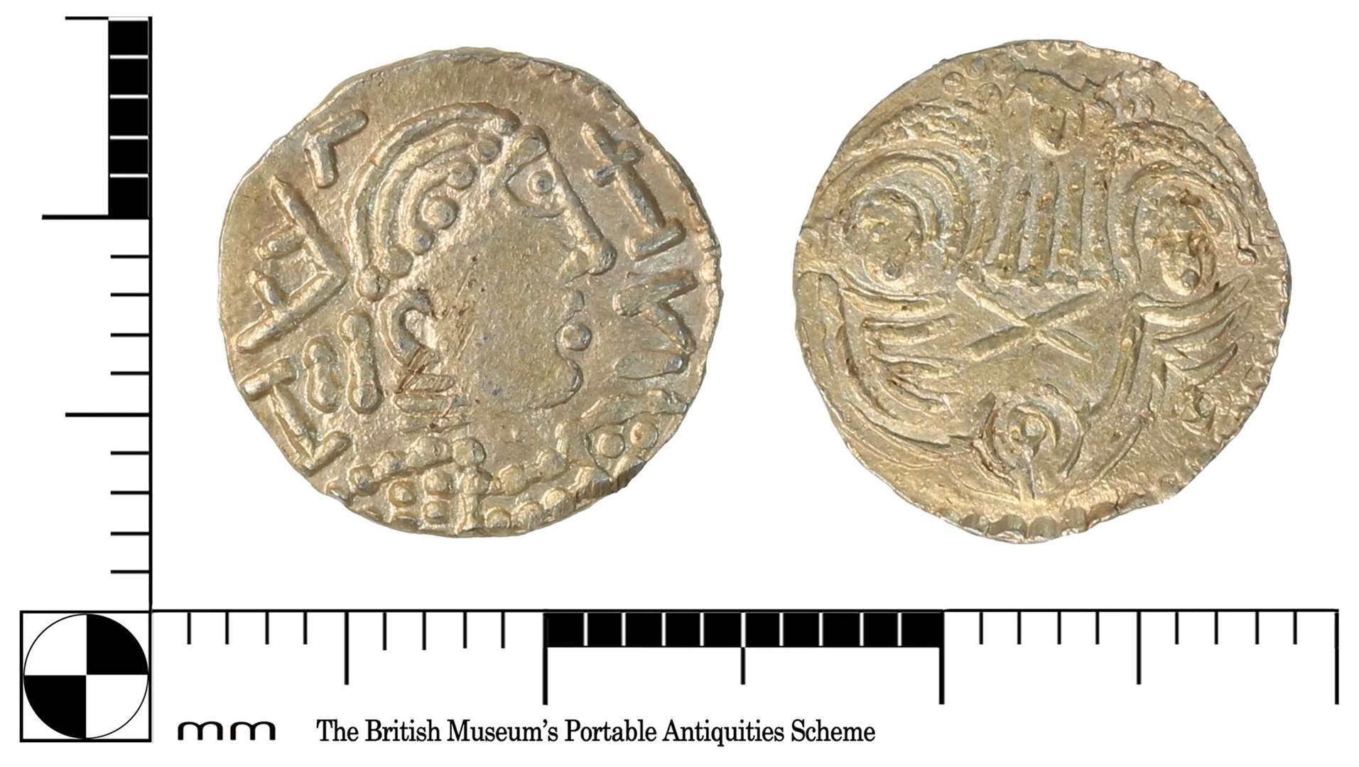 Coin 3: An early-medieval gold tremissis (pale shilling) of the 'Two Emperors' type. Image: Jo Ahmet KCC finds officer