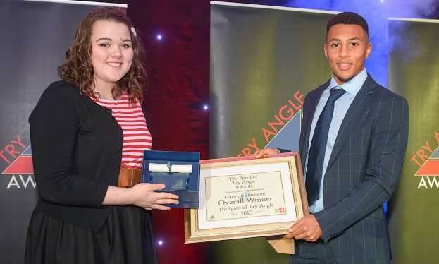 Hannah Simmons receives her Try Angle Award from former Maidstone footballer Aaron Simpson