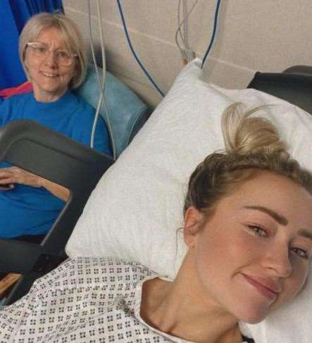 Leonie Botten recovering with her mum after her liver biopsy. Picture: Leonie Botten