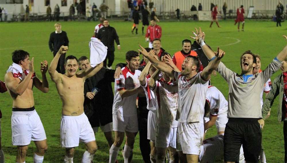 Whitstable celebrate their win at Carshalton. Picture: Les Biggs.