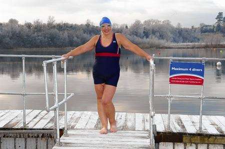 Jackie Cobell, aged 58 prepares for the Cold Water Championships in Siberia by taking a dip at Nemes Diving and Sports Academy lakes, Holoborough.