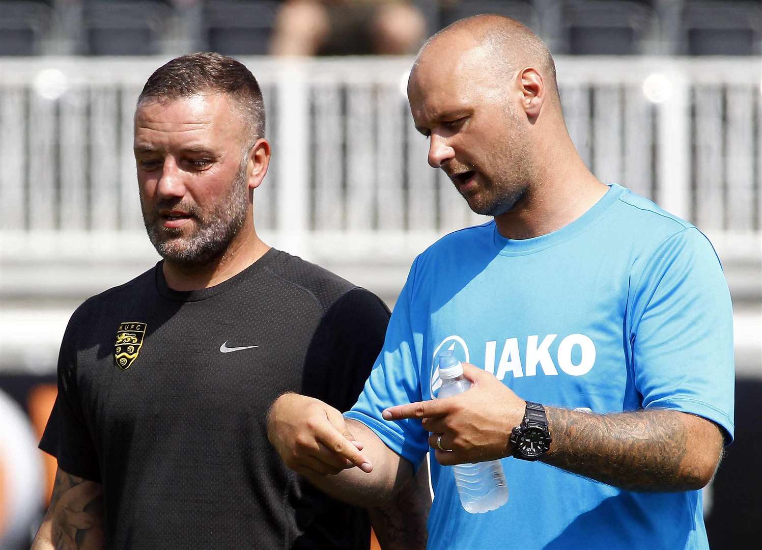 Stones boss Jay Saunders (left) and assistant Steve Watt have plenty to ponder as they fine tune their squad Picture: Sean Aidan