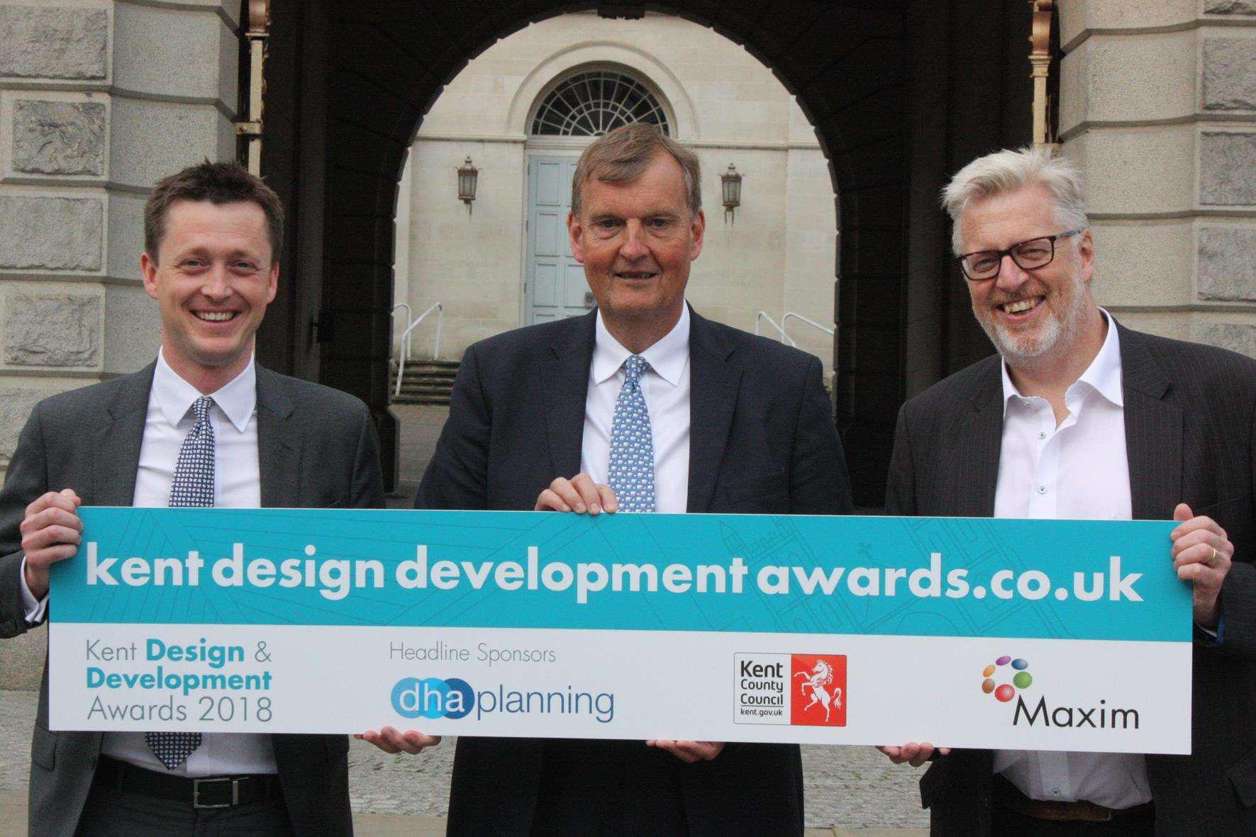 Alex Hicken of DHA Planning, leader of Kent County Council Paul Carter, and Andrew Metcalf of Maxim at launch of awards (2563430)
