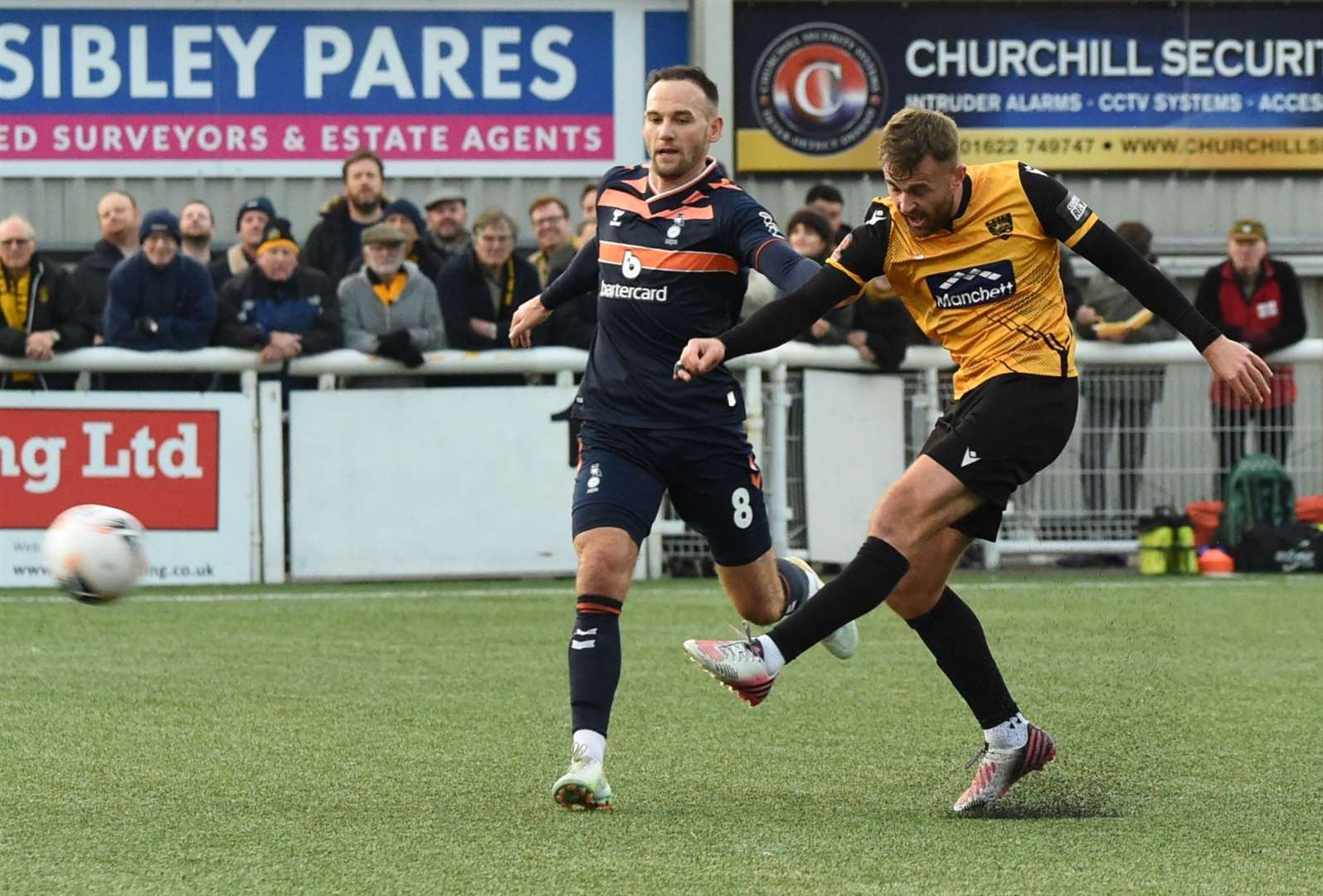 Regan Booty goes for goal in Maidstone's 0-0 draw with Oldham last weekend. Picture: Steve Terrell