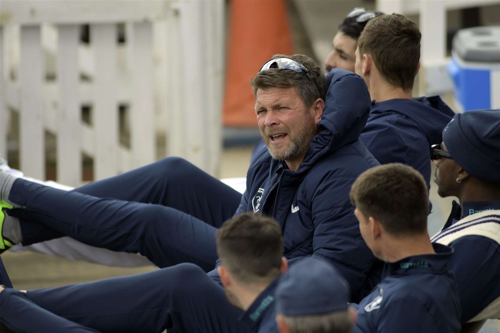 Kent head coach Matt Walker chats to his side during their first innings at Chelmsford. Picture: Barry Goodwin