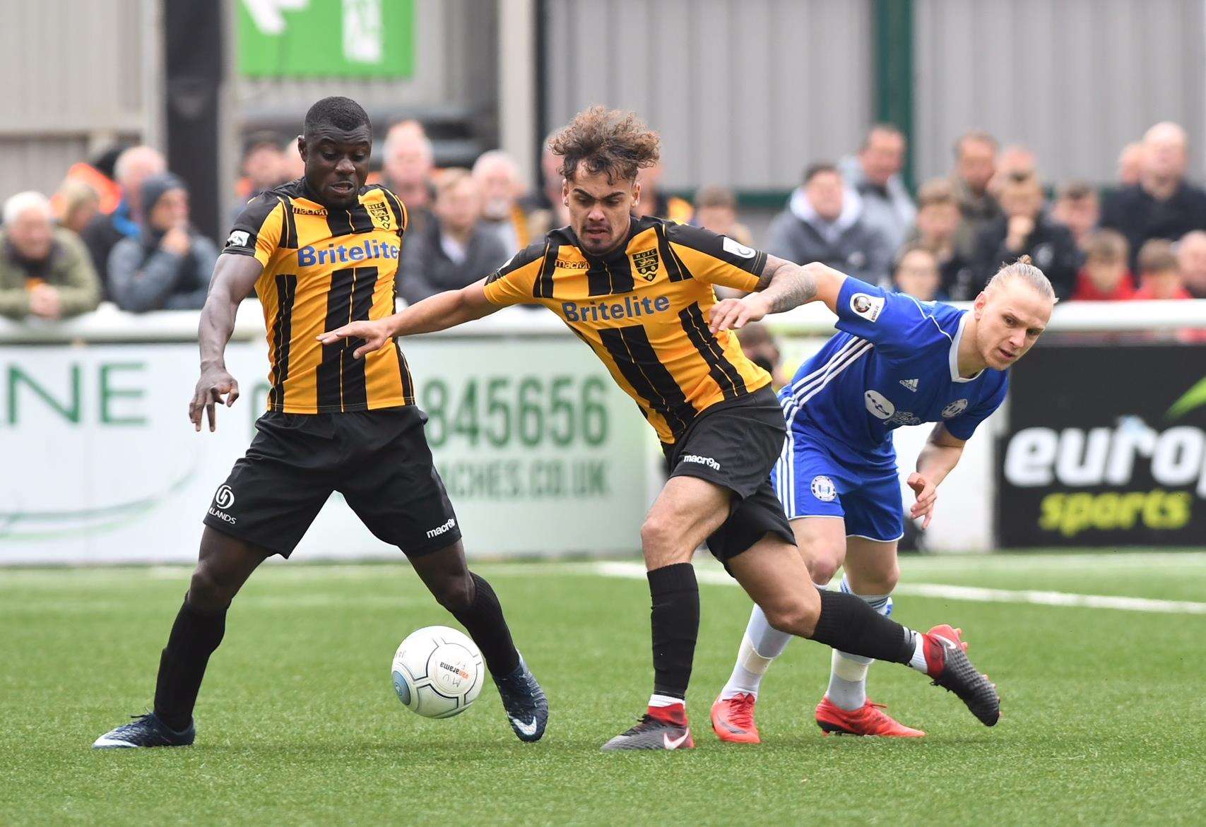 Michael Phillips and Seth Twumasi in the thick of things against Halifax Picture: Andy Payton