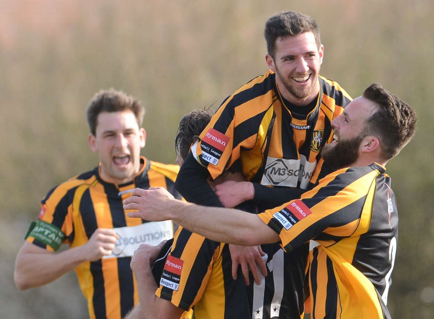 Folkestone celebrate an Ian Draycott (second from right) goal. Picture: Gary Browne