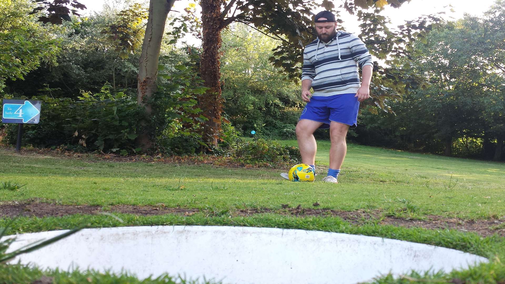 Stephen Emberson from Northfleet lines up a shot on the footgolf course at the Strand in Gillingham