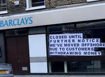 Vandals attacked Barclays Bank in Sheerness today with this protest poster across its main window.